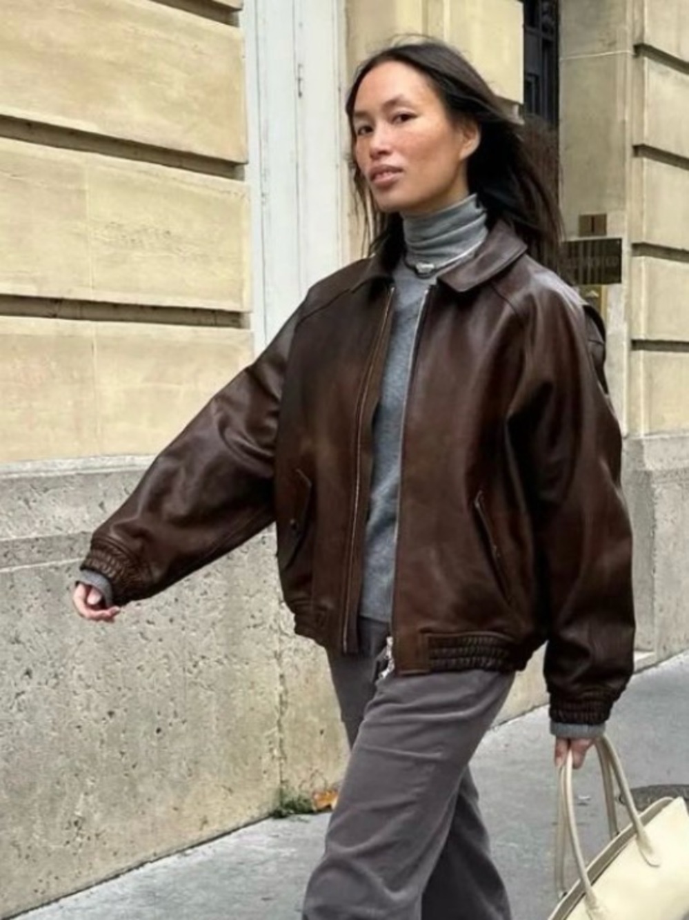 Oversized Brown Leather Bomber Jacket,
Womens 90s Retro Style Vegan Size: XS